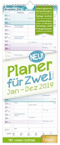 Planer für Zwei 2019 17x42cm, 3 Spalten, Wandkalender 12 Monate Jan-Dez 2019 - Wandplaner Chäff-Timer, Ferientermine, viele Zusatzinfos