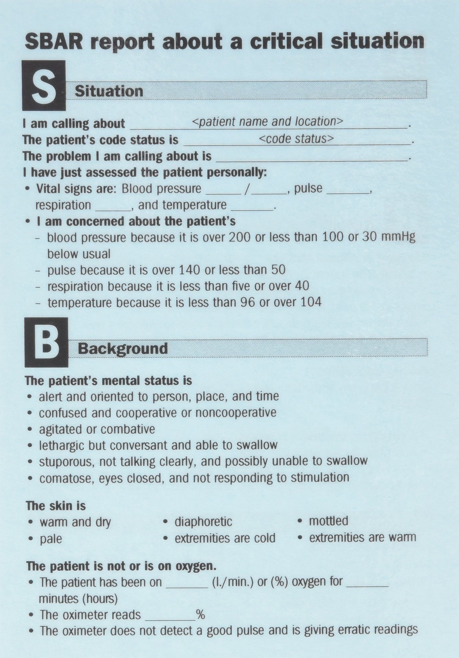 Laminated SBAR Pocket Cards (25 Per Pack) · NiceBooks